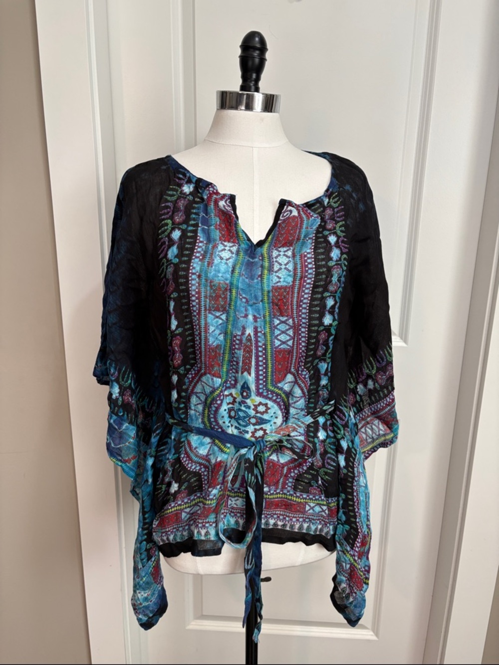 Boho Printed Tie-Waist Blouse in Blue and Black